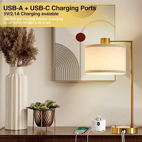 Gold Dimmable Table Lamp Set of 2 with USB-C & A Ports - Bedside Nightstand Lamps
