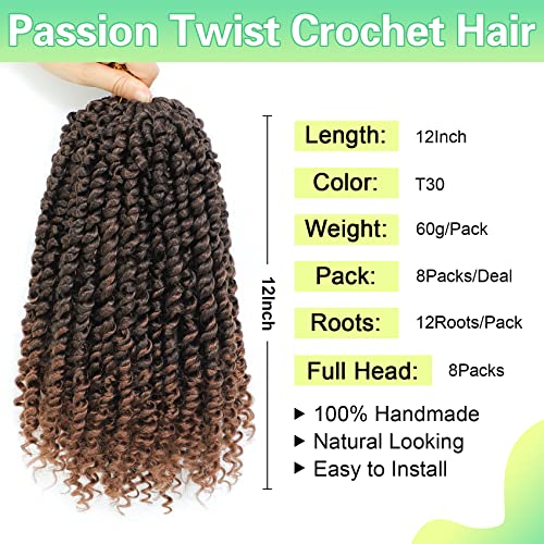 Passion Twist Crochet Hair 12 Inch - 8 Packs Soft Curly Synthetic Pre Looped for Black Women T30