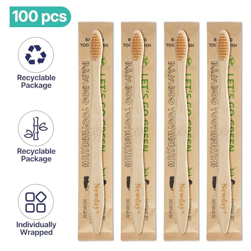 Newday Natural Bamboo Toothbrush Bulk Pack - Eco Friendly Soft Bristles for Adults, Individually Wrapped, Travel & Hotel Use