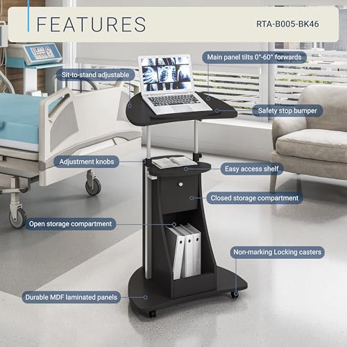 Black Adjustable Height Rolling Laptop Cart with Storage and Tilting Desktop — Techni Mobili