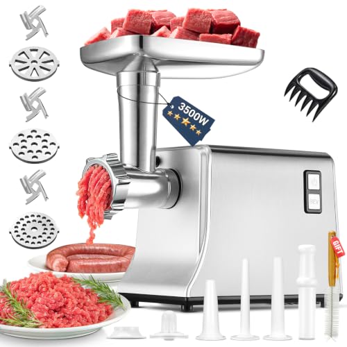 Electric Meat Grinder with Kubbe & Sausage Attachments - Silver