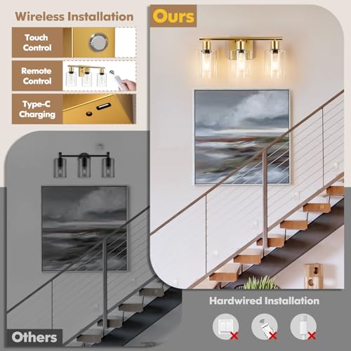 Brightever Gold Battery Operated 3-Light Dimmable Wireless Vanity Wall Sconce with Remote