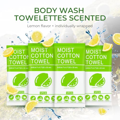 Body Wash Towelettes Scented Lemon Moist Cotton Towel Moist Towelettes Travel Size Individually Wrapped Bulk for Hiking Gym Camping Outdoor Sports (50 Pack)