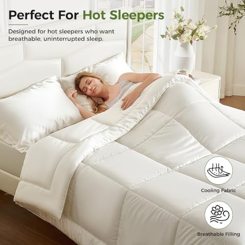 Queen Size Cooling Bamboo Comforter - Hypoallergenic All-Season Duvet Insert - White 88x88 Variation