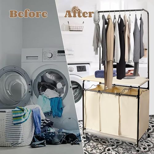 3-Section Laundry Sorter with Hanging Bar & Foldable Ironing Board, Rolling Cart