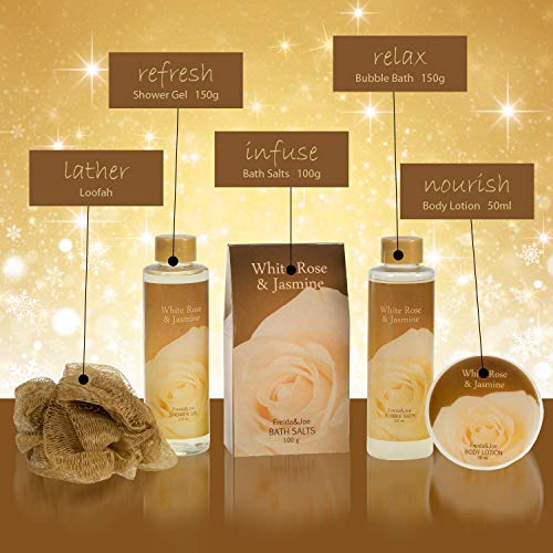 White Rose Jasmine Spa Set For Women in Elegant Gold Tub Includes Shower Gel, Bubble Bath, Body Lotion, Jasmine Bath Salt, Pouf, Award Winning Bath Body Set