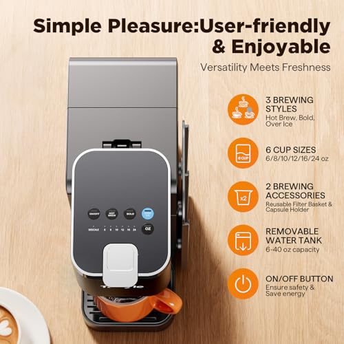 Tastyle Black Hot & Iced Coffee Maker with Magnetic K-Pod Holder - Compact, Fast Brewing, Fits 7.3" Mug