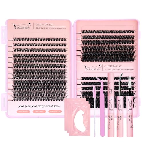 DIY Lash Clusters Kit - 480 PCS, Wispy D Curl Eyelash Extensions 8-16mm with Bond & Seal Glue, Tweezers, 3 Pads & Brush - Beginner-Friendly Individual Cluster Lashes (50D/60D/80D)