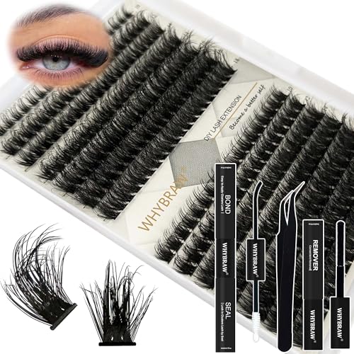 Fluffy Lash Clusters WHYBRAW 100D 200D DIY Lash Extension Kit with Lash Bond Lash Seal Lash Remover Lash Applicator 280 Pcs Volume Cluster Eyelash Extension Thick Eyelash Extension 12-18mm