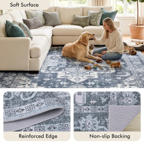 Blue Washable 8x10 Area Rug for Living Room Non-Slip Vintage Boho Style