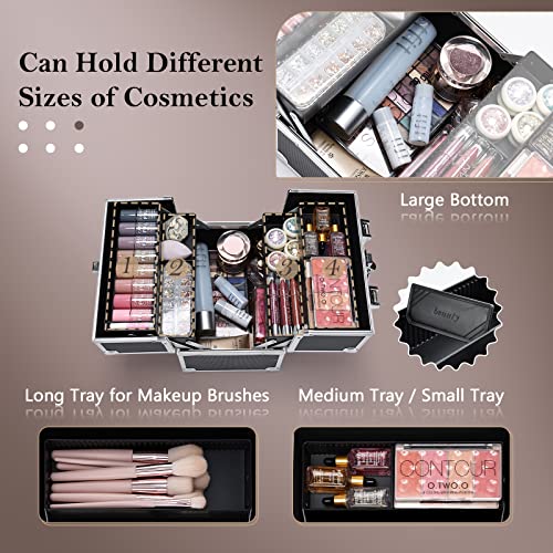 FRENESSA Black Makeup Train Case with 4 Trays Lockable Portable Cosmetic Organizer