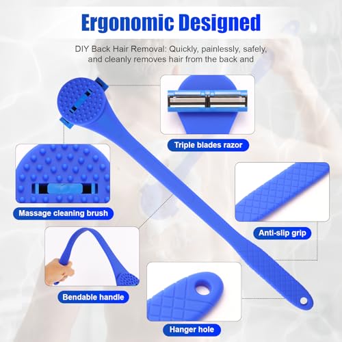Back& Body Shaver for Men,Back Hair Trimmer for Men with Long Bendable Ergonomic Silicone Handle,10 of The Wet or Dry Disposable Razor Blades,Bath Brush Included(Blue)
