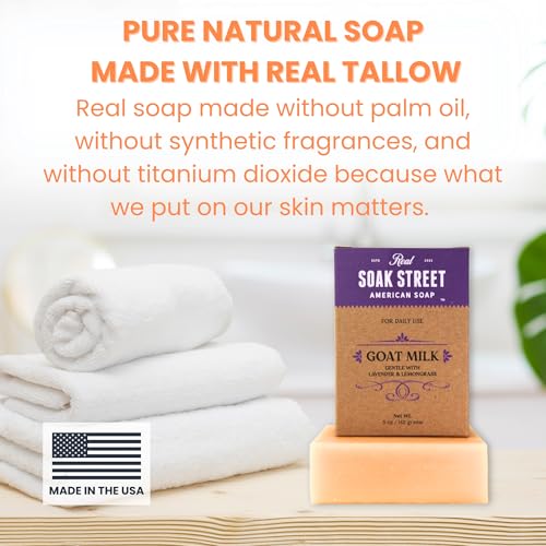 Real American Soap with Goat Milk, Lavender & Lemongrass (3 Pack) ? Long-Lasting, Moisturizing Natural Bar Soap with Grass Fed-Tallow, Gentle Conditioning Lard, & Coconut Oil ? Daily Use