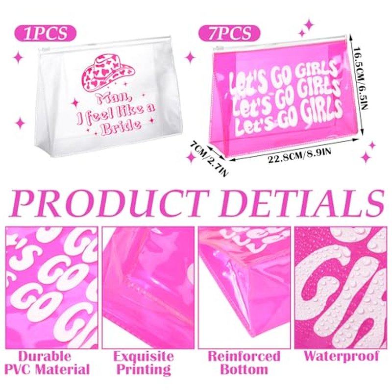 Layhit 8 Pcs Let's Go Girls Pink Bachelorette Makeup Bags Retro Clear Disco Cowgirl Travel Toiletry Case with Zipper Arty Supplies Decorations Gifts for Women