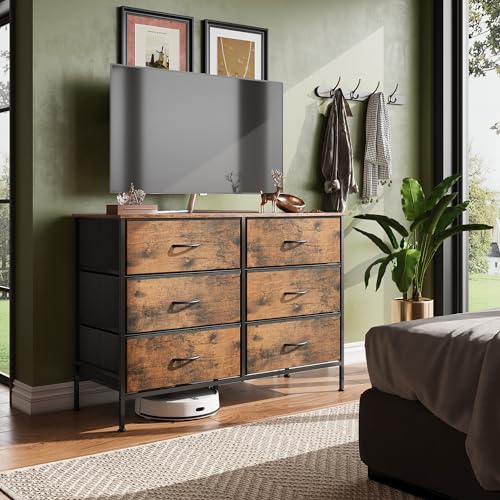 WLIVE Rustic Brown Dresser with 6 Fabric Drawers, 42.3" TV Console Storage