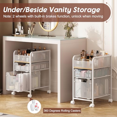 Rolling Makeup Cart Organizer with 2 Drawers, Narrow Floor Skincare Organizers, Vanity Organizer Cosmetics Display Cases Holder for Skin Care Nail Polish Perfume Makeup Brush, White