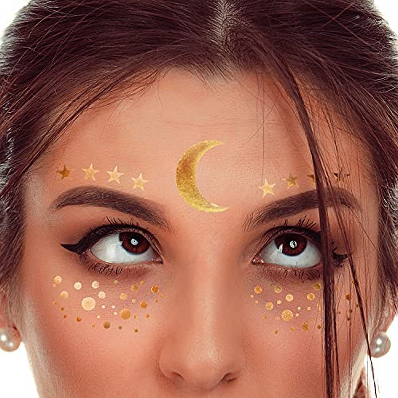 3 Sheets Face Tattoo Sticker Metallic Shiny Temporary Water Transfer Tattoo for Professional Make Up Dancer Costume Parties, Shows Gold Glitter