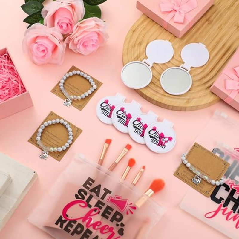 36 Pcs Cheerleader Gifts Set Including Portable Zipper Cheer Makeup Bag, Compact Mirror, Cheer Bracelet - Party Favors for Women Cheerleading Team