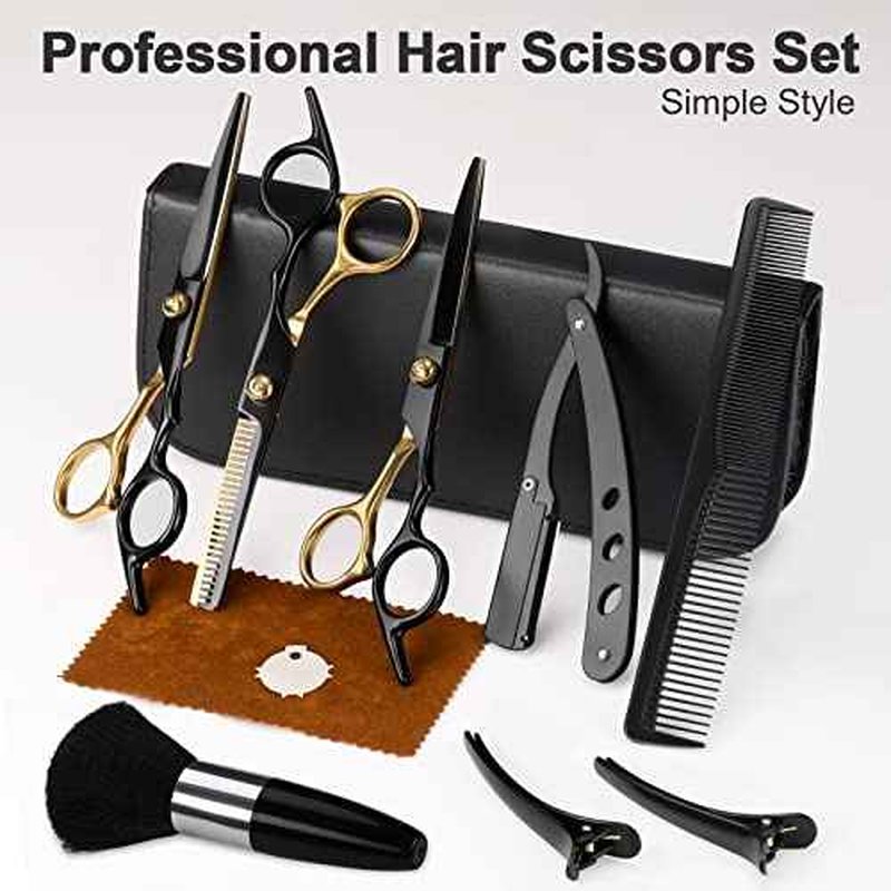 Hair Scissors,11Pcs Professional Black Gold Hair Cutting,Stainless Steel Barber Supplies,Straight, Thinning Shears, Multi Use Haircut Sets for Home Salon Barber