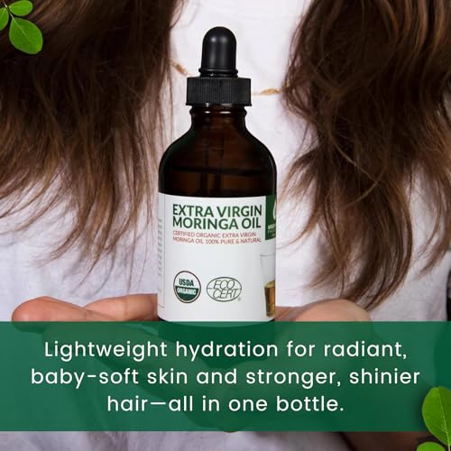 Organic Moringa Oil Bundle ? Cold Pressed, Extra Virgin, 100% Pure, Food Grade ? 4oz Full Size + 1oz Travel Bottle ? Deep Moisturizing, Anti-Aging, Multi-Purpose Skin & Hair Oil
