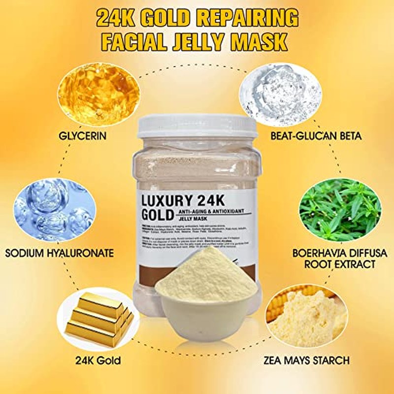 Jelly Mask Powder for Facials, 24K Gold Anti Aging Jelly Face Mask, Professional Peel Off Hydro Face Mask Powder for Fight Fine Lines, Dullness & Uneven Skin Tone, DIY SPA 23 FLOZ Mask Powder