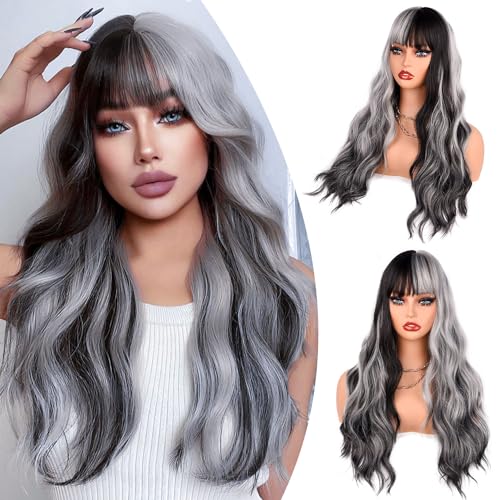 TOZIKA 26 Inch Grey and Black Wavy Wig with Bangs for Women - Long & Natural