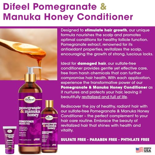 Difeel Pomegranate & Manuka Honey Hair Care Set - 12oz Shampoo, 12oz Conditioner, 8oz Leave-in Spray, 2.5oz Hair Oil