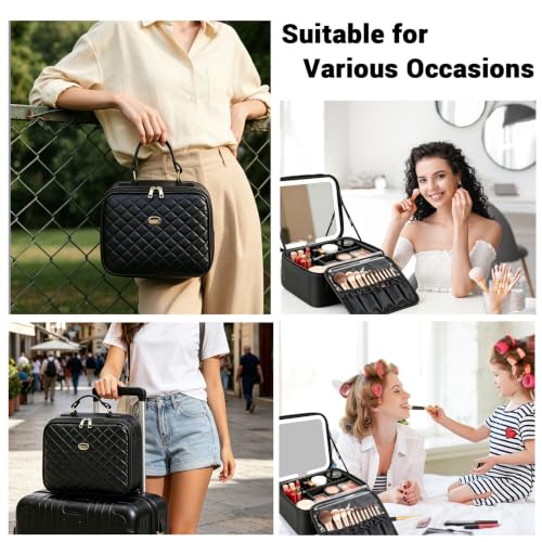 Travel Makeup Bag with LED Mirror, Adjustable Dividers & Brush Storage