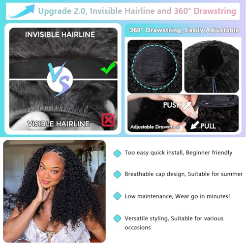 16 Inch Water Wave Half Wig Human Hair Glueless 3-in-1 Drawstring Headband Style for Black Women