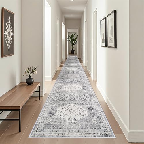 Grey 3' x 25' Washable Hallway Runner Rug - Non Slip, Stain Resistant, Extra Long Indoor Carpet