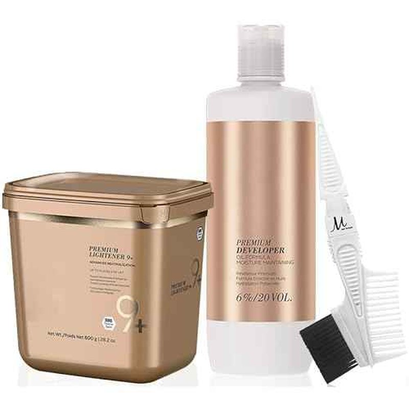 BlondeMe Lightener 9+ Premium Bleach 800 grams, Blonde Me Developer 6% / 20 Vol 1 Liter and M Hair Designs Tint Brush Comb (Bundle)