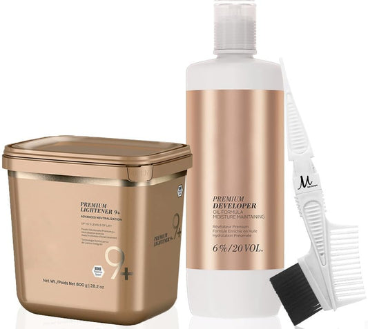 BlondeMe Lightener 9+ Premium Bleach 800 grams, Blonde Me Developer 6% / 20 Vol 1 Liter and M Hair Designs Tint Brush Comb (Bundle)