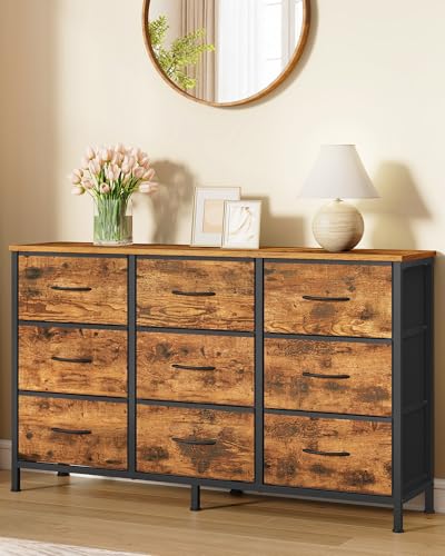 SONGMICS Dresser with 9 Fabric Drawers and TV Stand for Up to 55 Inches - Rustic Brown + Ink Black 11.8"D x 44.8"W x 26.8"H