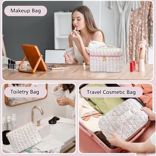 Pink Floral Quilted Makeup Bag Set - 3PCS Cosmetic Travel Organizer for Women & Girls - Variation of Pink Floral