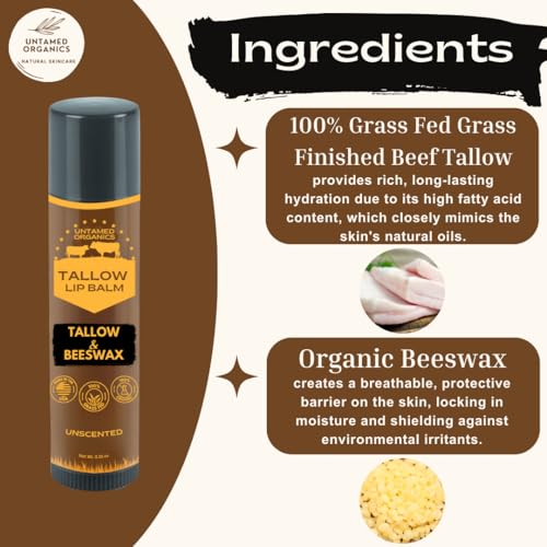 Pure Tallow Lip Balm | 100% Grass-Fed Beef Tallow and Organic Beeswax | Moisturizing Lip Care for Dry, Chapped Lips | Hypoallergenic, Fragrance-Free | Handcrafted in USA | 4-Pack