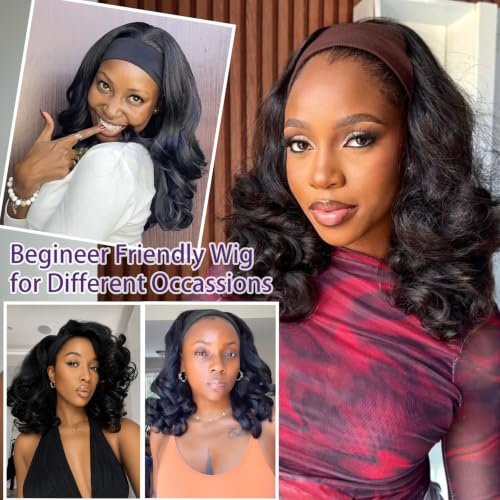 Looxey Yaki Curly Headband Wig 16in - Black 1B, Half Wig with Attached Headband