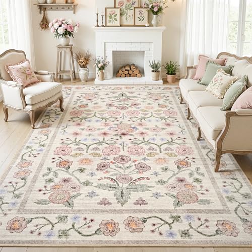 Pink Floral 6x9 Area Rug for Living Room & Bedroom Non-Slip Faux Wool