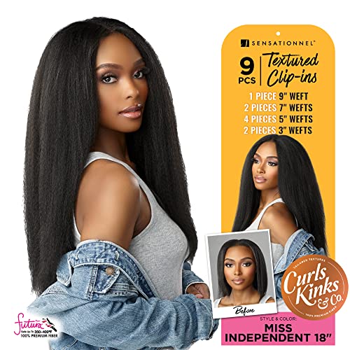 Sensationnel Curls Kinks and Co Clip-In Hair Extensions 18 Inch 1B OFFBLACK, 9 Pieces