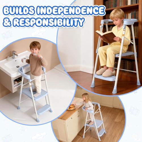HBTower Foldable Kids Step Stool with Safety Railing - Blue, No Assembly, Toddler Tower for Independence