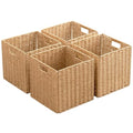 Set of 4 Foldable Hand Woven Storage Baskets with Handles - 13x13x13 Inches, Natural