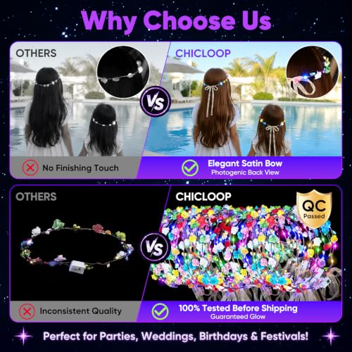 25 Pieces LED Flower Crowns Light Up Floral Headbands with Ribbons - Colorful Party Accessories
