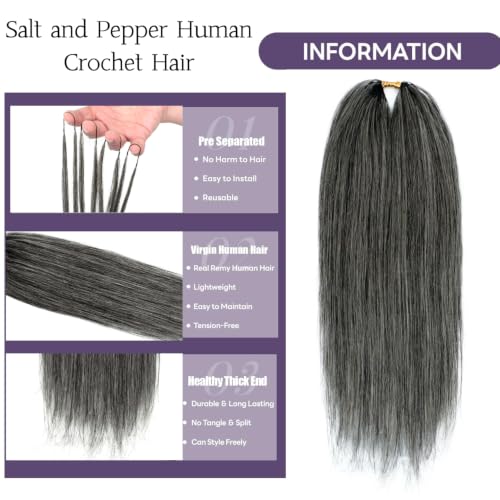 Grey Salt and Pepper Crochet Hair 12 Inch 50 Strands - Reusable Human Hair Bundles for Black Women, Invisible Knotless Style - #Grey Straight-50Strands / 12IN