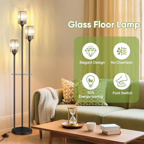 Black Crystal Floor Lamp with Shelves - 67-Inch Tall Modern Standing Light