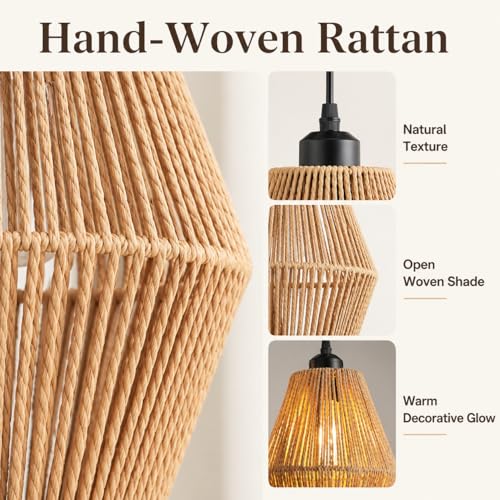 3-Light Rattan Pendant Light - Hand Woven Boho Chandelier, Adjustable Wicker Fixture - A Style