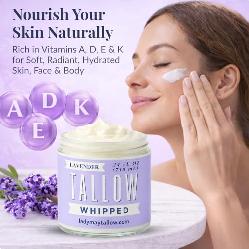 Whipped Tallow 24oz - All Natural Face Cream + Whole Body Moisturizer for Dry Skin - Made With Scented Oil Blend - No Preservatives, Parabens or Seed Oils - USA Made (Lavender)