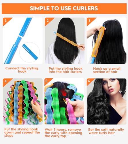 40 Pcs Heatless Wave Curlers for Long Hair - 21.65 Inch Styling Set with Hooks