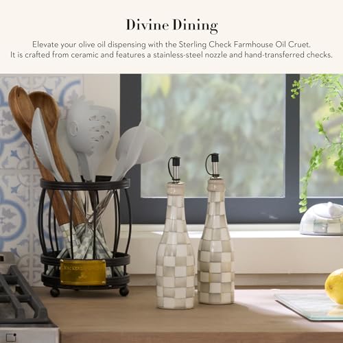 Farmhouse Oil Dispenser - Ceramic Oil Cruet with Gray-and-White Sterling Check Pattern
