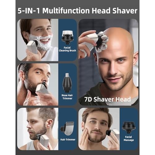 7D Electric Bald Shaver - 5-in-1 Dry/Wet Men's Head Shaver with Led Display & IPX7 Waterproof, Detachable, Rechargeable Razor