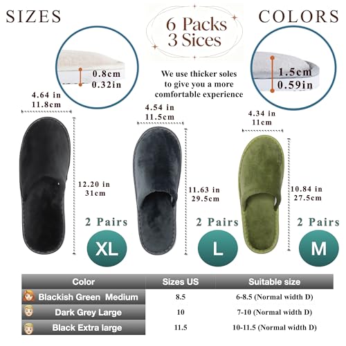 OSTADARRA 6-10 Pairs Spa Slippers Non Slip Disposable Slippers for Guests – Crystal Velvet (2 Black XL, 2 Dark Grey L, 2 Blackish Green M)