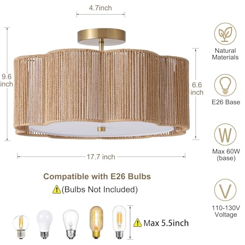 17.7-Inch Rattan Flush Mount Ceiling Light - Boho Farmhouse Drum Chandelier, Yellow, 3-Light